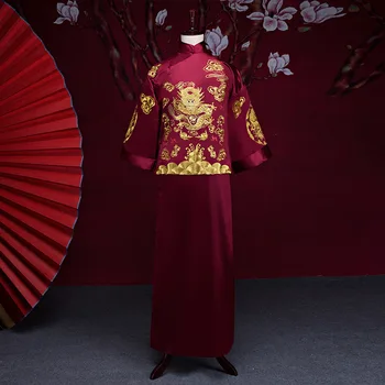New sosire masculin cheongsam stil Chinezesc costum de mire sacou rochie lunga rochie tradițională Chineză rochie de mireasa bărbați