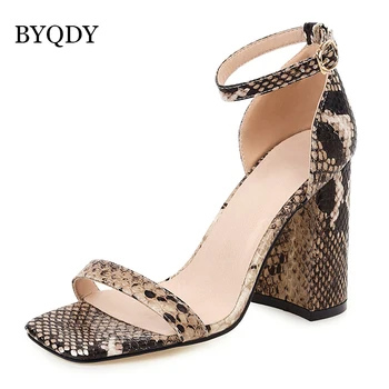 BYQDY Noi 2020 Curea Glezna cu Tocuri Sandale Leopard Femei Pantofi de Vara Square Toe Tocuri Indesata Sandale Rochie Plus Dimensiune 41-48